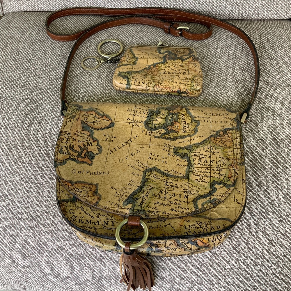 Patricia Nash Brinlee Saddle European  Map Crossbody Bag+ MATCHING COIN PURSE
